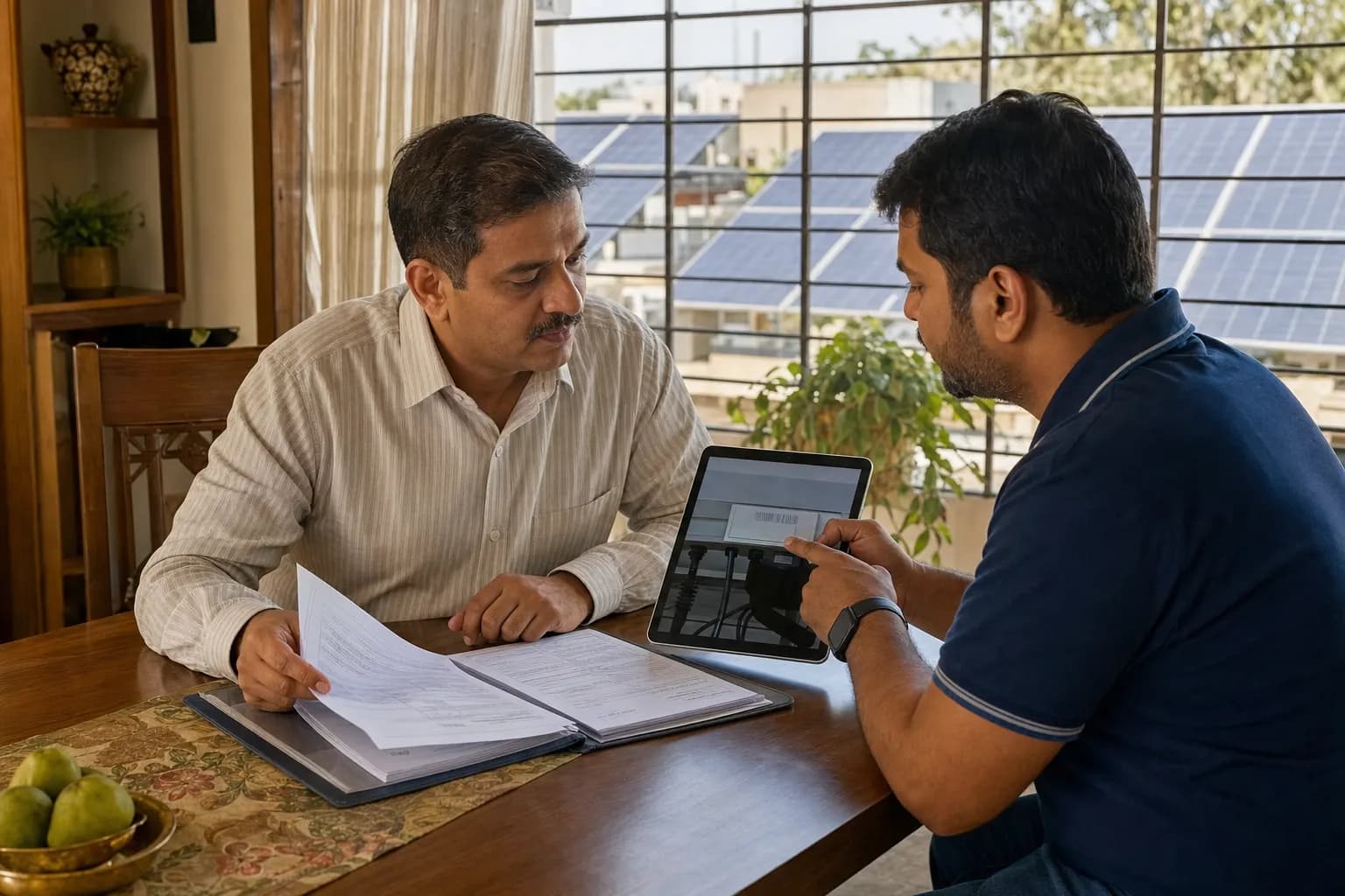 Homeowner reviewing solar installation documents including warranty certificate and GST invoice